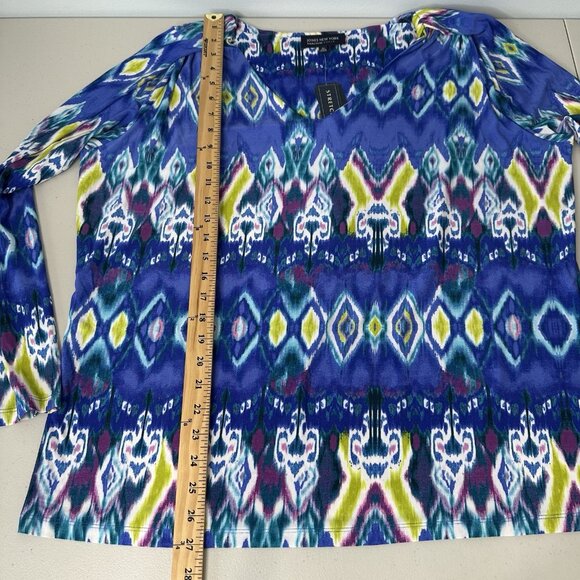 Jones NY Signature Woman Tunic Top 2X Blue Combo Ikat Geometric Stretch - Picture 11 of 13